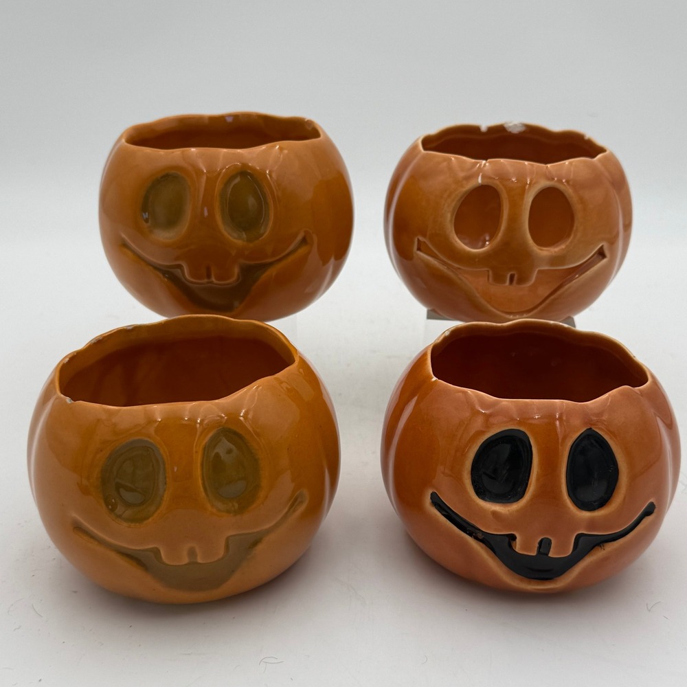 Vintage Halloween Ceramic Jack-O-Lantern Pumpkin Votive Candle Holders Set of 4